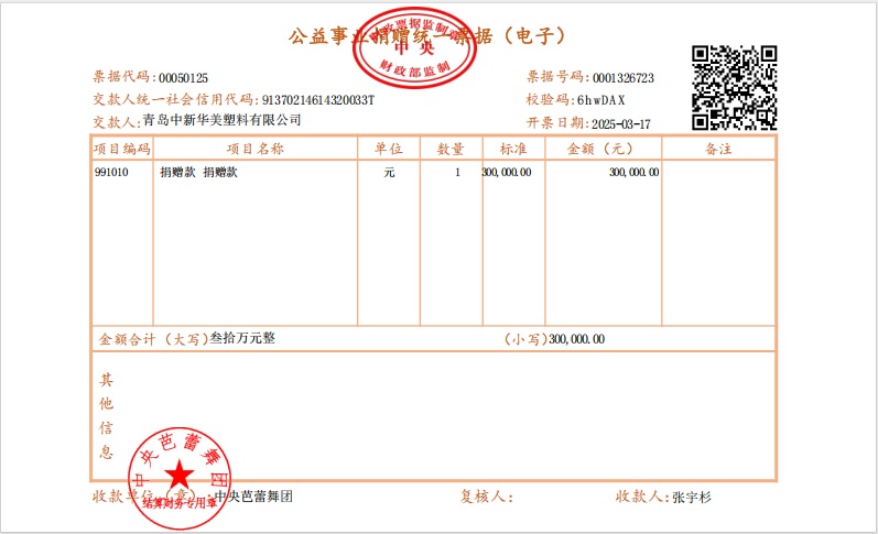 青島中新華美塑料有限公司捐贈(zèng)30萬元，攜手中央芭蕾舞糰共築藝術(shù)未來